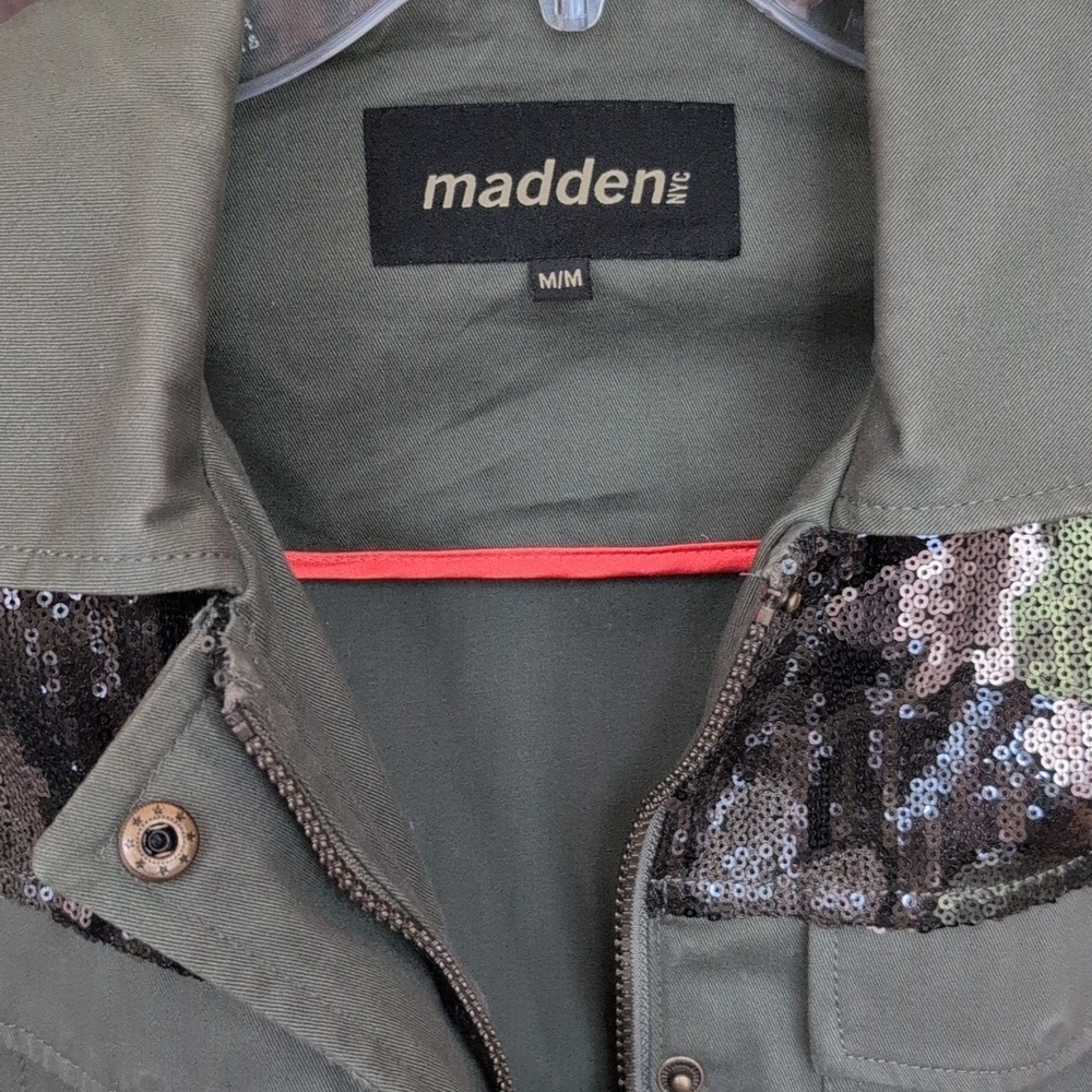Madden NYC Twill Military Utility Jacket Olive Green Camo Sequins - Women's M - Picture 4 of 8